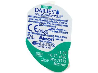 Dailies AquaComfort Plus Toric (90 čoček) - Vzhled blistru s čočkou